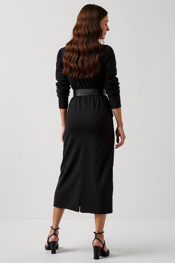 Sheath Black Scoop Neck Work Dress with Belt